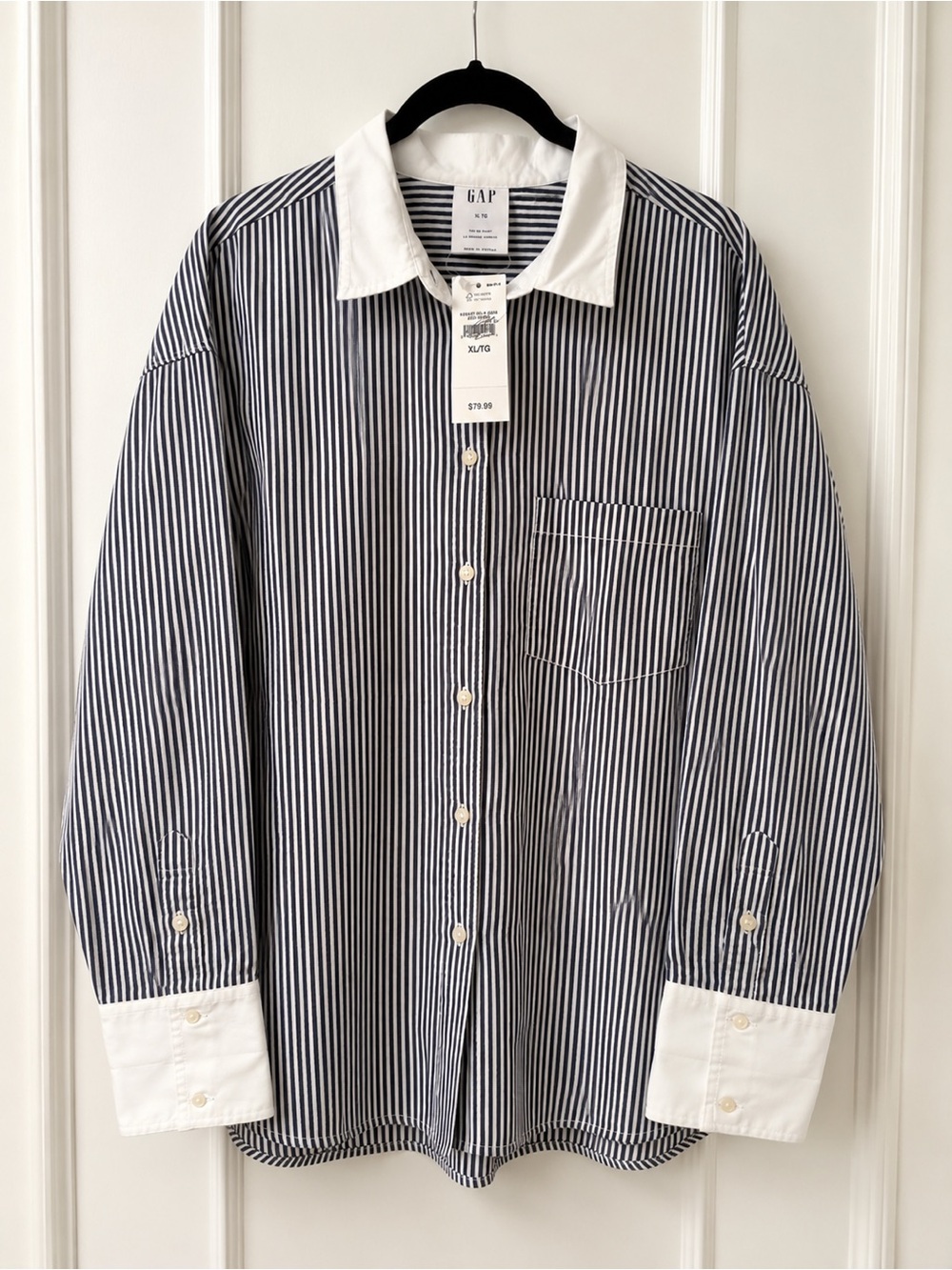 GAP Navy and White Pinstripe Button-Up Shirt with White Collar & Cuffs